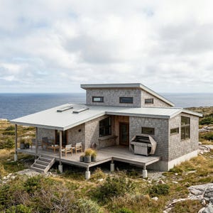Puede incluir: Una casa moderna de dos pisos con techo de metal gris y revestimiento de tejas de cedro, con vistas al mar. La casa tiene una terraza con sillas, una barbacoa y plantas en macetas.