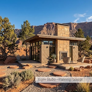 May include: A modern studio with a stone facade, wooden roof, and large windows. The building has a fireplace and a small patio with chairs. The text "Yugen Studio - Planning Package" is displayed at the bottom of the image.