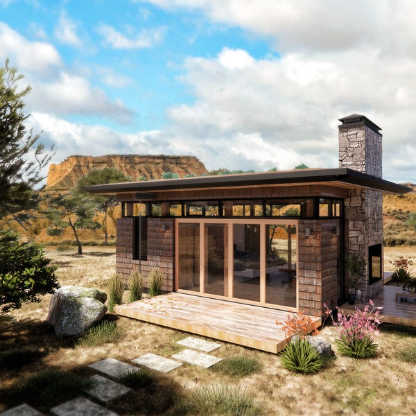 Yugen Studio ADU Cabin - Moderne flexibele cottage-werkruimte - 22' x 26' Volledige architectonische tekeningen PDF-blauwdruk