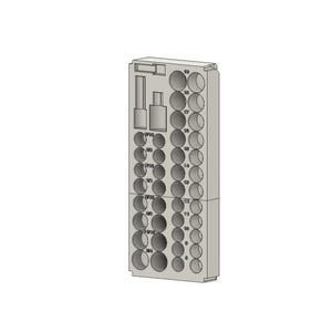 May include: A light gray rectangular tool organizer tray featuring multiple circular slots for drill bits or sockets. The left side displays fractional sizes from 9/16 to 3/4, while the right side shows numerical sizes from 8 to 19.