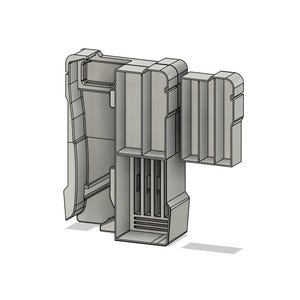Może przedstawiać: Modułowa jednostka magazynowa w kolorze jasnoszarym, renderowana w 3D, z wieloma przegrodami i sekcją na zawiasach. Projekt posiada szereg pionowych przegród i prostokątnych otworów.