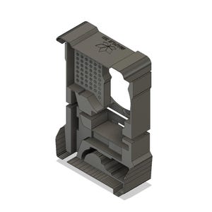 Puede incluir: Un modelo impreso en 3D de una caja para una computadora Raspberry Pi. La caja tiene una superficie texturizada y un recorte para un ventilador. El texto "CNC FACTORY" está impreso en la parte superior de la caja.