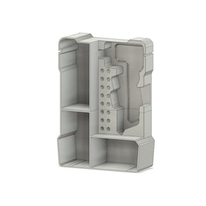 May include: A gray, 3D-rendered model of a rectangular storage container. The container has multiple compartments, including open shelves and a section with a series of circular indentations. The design features rounded edges and a complex internal structure.