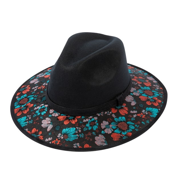 VeloRosso - Floral Fedora Hat for Women, Womens Dress Hat, Fashionable Hat for Women, Black Fedora Hat, Boho Hat, Wide Brim Hat for Women