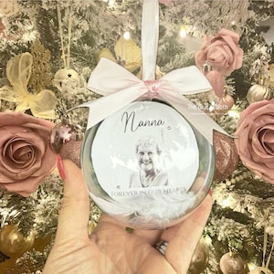 Personalised Photo Memorial Bauble: Christmas Tree ,Feather Keepsake, Wedding Memory (10cm)