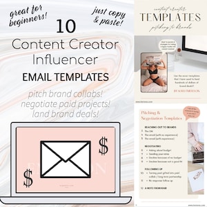 Könnte beinhalten: Ein digitaler Marketing-Leitfaden mit dem Titel "Content Creator Influencer Email Templates". Der Leitfaden enthält Tipps für die Präsentation von Marken-Kooperationen, die Verhandlung von bezahlten Projekten und das Abschließen von Marken-Deals. Das Bild zeigt auch einen Laptop mit einem E-Mail-Symbol.