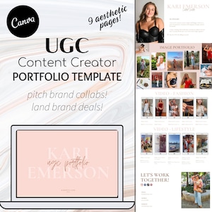 以下が含まれることがあります： ピンクと白の背景に「Kari UGC Portfolio Emerson」という金色のフォントで書かれたテキストが表示されているラップトップの画面。ラップトップはピンクと白の大理石の背景の上に置かれています。「UGC Content Creator Portfolio Template」というテキストがラップトップの上にあります。「pitch brand collabs! land brand deals!」というテキストがラップトップの下にあります。「9 aesthetic pages!」というテキストが画像の右上隅にあります。
