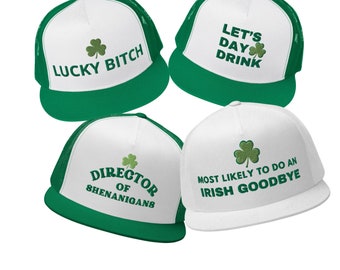 Cappello da camionista ricamato per il giorno di San Patrizio - Divertenti stili di cappello trifoglio: Let's Day Drink, Lucky Bitch, Irish Goodbye, Director of Shenanigans.