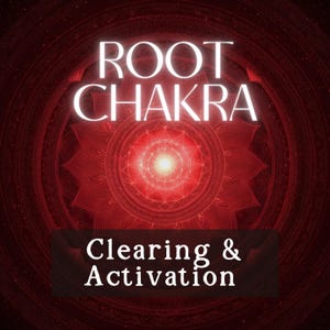 May include: A digitally created image featuring a red mandala design with the words "ROOT CHAKRA" in white, glowing text. Below, the text "Clearing & Activation" is displayed in a dark brown rectangle, suggesting a spiritual or wellness theme.