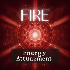 Puede incluir: Imagen creada digitalmente con una combinación de colores rojo y blanco. La palabra "FIRE" se muestra en letras mayúsculas blancas grandes en la parte superior. Debajo, un rectángulo marrón oscuro contiene las palabras "Energy Attunement" en blanco.