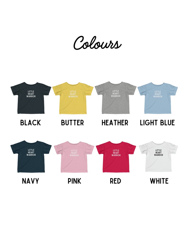 May include: A mockup of a t-shirt design in ten different colors. The design features the text "Little Heart Warrior" in white on a colored t-shirt. The colors are black, butter, heather, light blue, navy, pink, red, and white.
