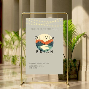 Signo de boda de bienvenida de montaña EDITABLE / Plantilla de signo de bienvenida de la naturaleza / Signo de bienvenida de invitado del bosque retro / Plantilla Canva / N13