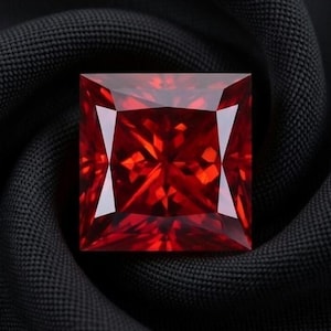Puede incluir: Una gema roja radiante, de corte cuadrado, con facetas nítidas. La gema se presenta sobre un fondo oscuro y texturizado, resaltando su brillo y color. La estructura interna de la gema refleja la luz, creando un efecto cautivador.
