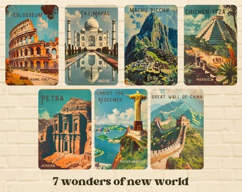 New 7 wonders of The world, Travel posters, Digital Vintage print, vintage posters, travel wall art, retro travel print, gift for traveler
