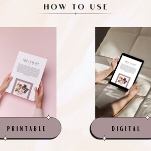 May include: Two images showing different ways to use a printable digital guide. The left image shows a person holding a printed copy of the guide, which is titled "Skin Smart". The right image shows a person using a tablet to view the guide. The text "Printable" is below the left image and the text "Digital" is below the right image.