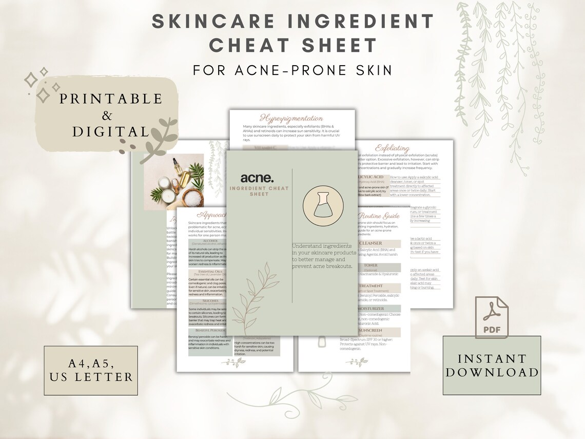 Skincare Ingredient Cheat Sheet for Acne, Printable and Digital PDF in ...