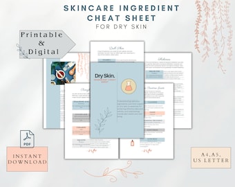 Skincare Ingredient Cheat Sheet for Dry Skin, Printable and Digital PDF in A4, A5, and US Letter