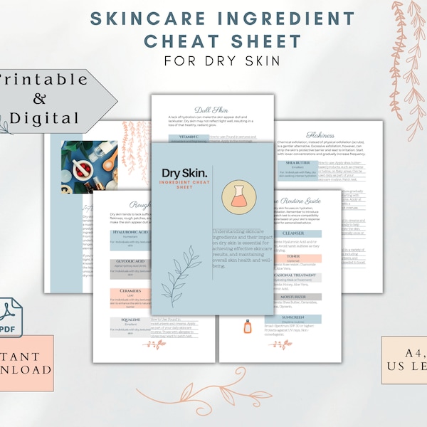 Skincare Ingredient Cheat Sheet for Dry Skin, Printable and Digital PDF in A4, A5, and US Letter