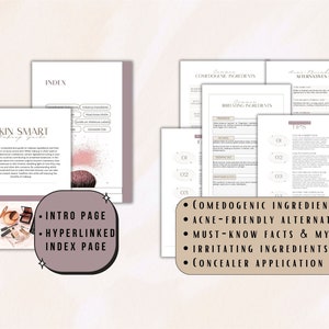 May include: A guide to skin-friendly makeup ingredients, featuring a pink and white color scheme. The guide includes sections on comedogenic ingredients, acne-friendly alternatives, must-know facts and myths, irritating ingredients, and concealer application tips.