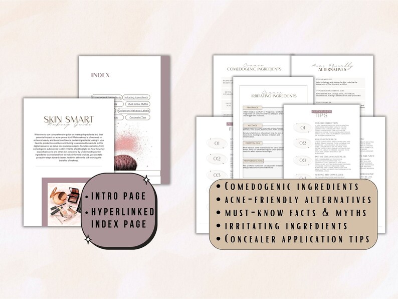 May include: A guide to skin-friendly makeup ingredients, featuring a pink and white color scheme. The guide includes sections on comedogenic ingredients, acne-friendly alternatives, must-know facts and myths, irritating ingredients, and concealer application tips.