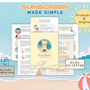 Könnte beinhalten: Digitales, druckbares Dokument mit dem Titel "SUNSCREEN MADE SIMPLE" mit Informationen zu Hautpflege, Sonnenschutztipps und riffschonenden Optionen. Enthält einen PDF-Download mit den Formaten A4, A5 und US Letter.