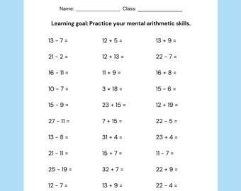 May include: A white worksheet with the title "MENTAL MATH" in bold black letters. The worksheet includes addition and subtraction problems, with space for a name and class. The learning goal is to practice mental arithmetic skills.