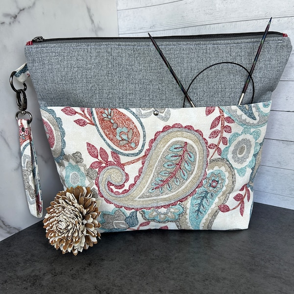 Large Knitting Bag | Zipper Project Bag | Crochet Project Bag | Knitting Project Pouch | Paisley & Gray Canvas | Canvas Pouch