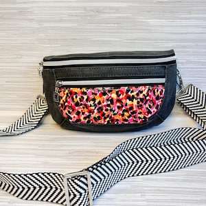 Black & Pink Belt Bag - Waxed Canvas Fanny Pack - Women's Crossbody Sling Bag, Herringbone Webbing Strap