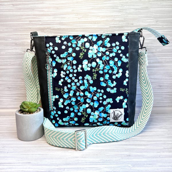 Womens Crossbody Messenger Bag, Eucalyptus Fabric Travel Bag, Black Teal Botanical Print Shoulder Purse