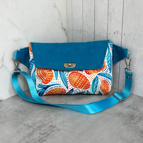 Waxed Canvas & Graphic Print Mango Fanny Pack | Haralson Belt Bag | Sling Bag | Orange | Aqua Blue | Summer Bag | Fun Print Fanny Belt Bag