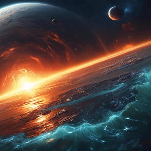 Könnte beinhalten: Digitales Kunstbild eines Planeten mit feuriger Atmosphäre, heller Sonne und türkisfarbenem Ozean. Zwei Monde sind am dunklen Himmel sichtbar. Die Szene weckt ein Gefühl kosmischen Wunders und Abenteuers.
