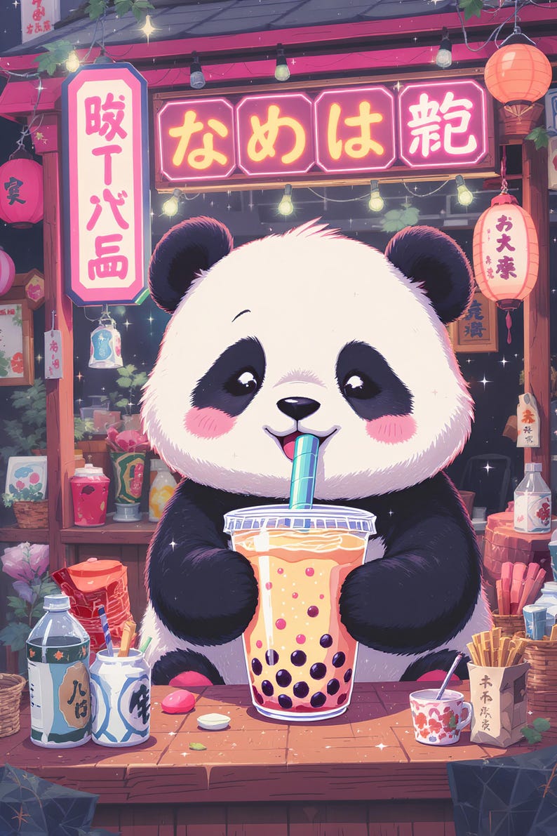 Cute Panda Bubble Tea Poster - Kawaii Animal Drinking Boba Wall Art ...
