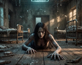 Creepy Girl in Abandoned Asylum – Horror Halloween Digital Art, Frame TV Wall Decor, Spooky Digital Download Poster, Haunted Hospital Scene