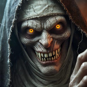 Könnte beinhalten: Ein erschreckendes Nahaufnahmebild einer Kreatur mit leuchtend orangefarbenen Augen und einem finsteren Grinsen. Die Kreatur trägt eine dunkle Kapuze und hat lange, spitze Zähne. Eine Hand mit langen Nägeln greift von der Seite, was den Horror verstärkt.