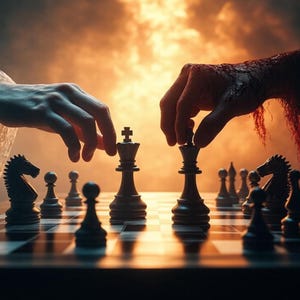 Könnte beinhalten: Ein Schachspiel im Gange, mit zwei Händen, die nach den Figuren greifen. Eine Hand ist in einem weißen Ärmel, die andere ist dunkel und strukturiert. Die Schachfiguren sind schwarz und weiß auf einem Schachbrett, mit einem feurigen Hintergrund.