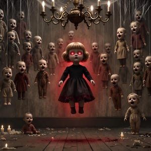 Könnte beinhalten: Eine unheimliche Szene mit zahlreichen Vintage-Babypuppen, die von der Decke hängen. Eine zentrale Puppe mit leuchtend roten Augen schwebt, umgeben von Kerzen und einem Kronleuchter, was eine gruselige, gotische Atmosphäre schafft.