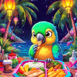 Könnte beinhalten: Eine farbenfrohe Illustration eines Papageis, der isst. Der Papagei hat grüne, gelbe und blaue Federn. Die Bento-Box ist rosa und blau und enthält eine Mahlzeit. Palmen, Laternen und ein Sternenhimmel schaffen eine tropische Szene.