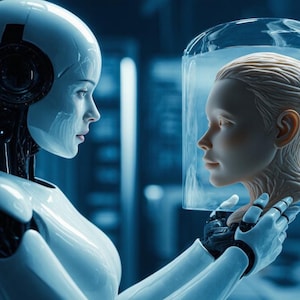 Puede incluir: Imagen futurista de un robot humanoide sosteniendo una cabeza humana en un contenedor transparente. El robot es blanco y plateado, con un diseño elegante. El fondo es un entorno de laboratorio borroso y de tonos azules.