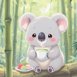 Könnte beinhalten: Eine Illustration eines niedlichen Koala-Bären, der auf einem Ast sitzt und eine Tasse grünen Tee hält. Der Koala hat graues Fell, rosa Ohren und rosige Wangen. Ein kleiner Teller mit bunten Leckereien steht daneben, mit einem Bambuswald im Hintergrund.