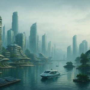 Könnte beinhalten: Eine futuristische Stadt mit hohen Gebäuden und einem Fluss. Ein weißes Boot fährt auf dem Wasser. Solarpanels schwimmen auf dem Wasser. Die Gebäude haben grüne Akzente, was auf nachhaltiges Design hindeutet.