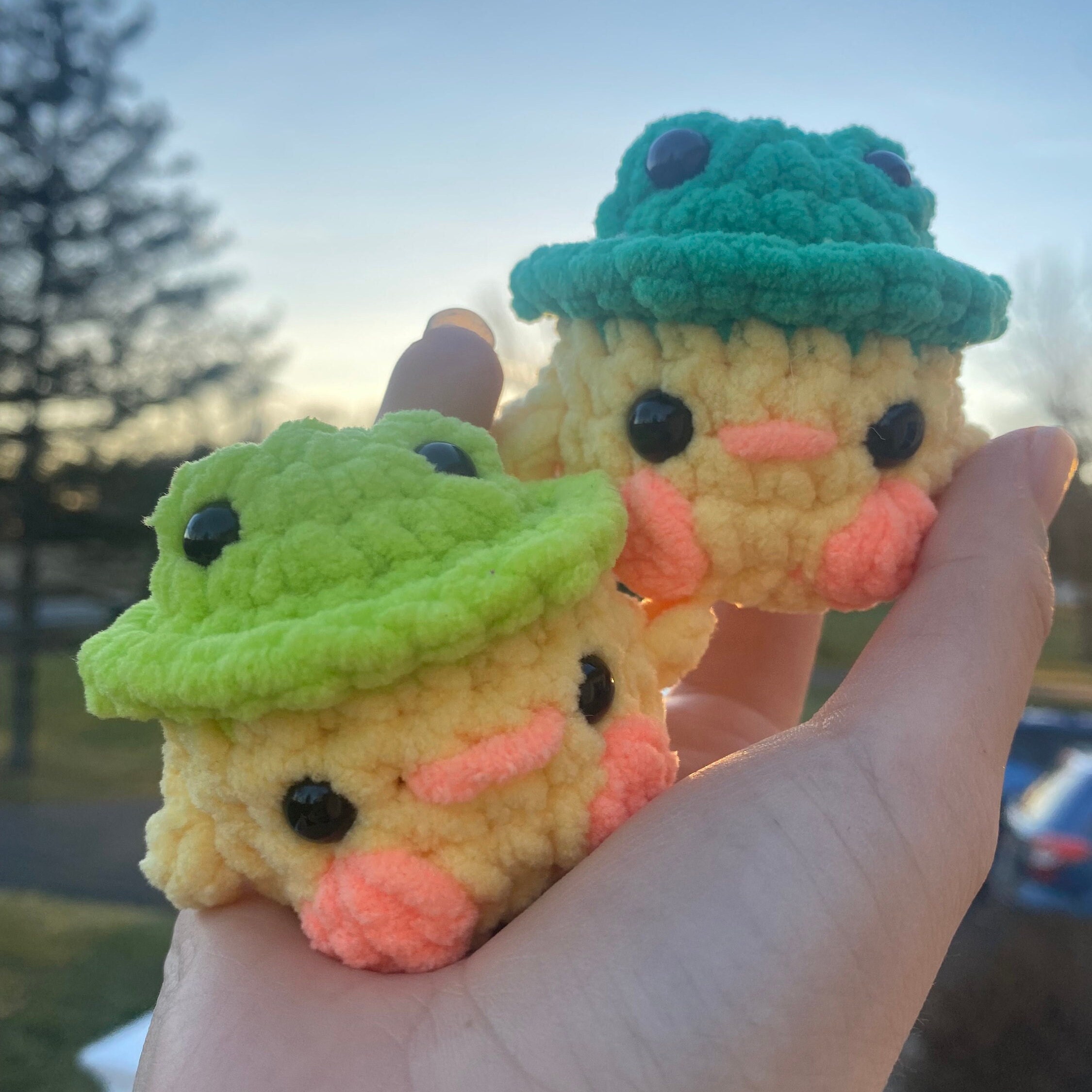 Little crochet ducks wearing frog hats (custom color options)