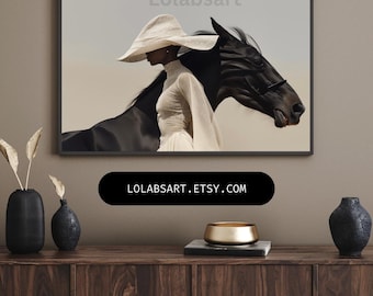 Lolabsart - “Omotara” Original Black Woman Horse Wall Art Woman Art Female Portrait Print  Illustration Black Girl Wall Art African Print