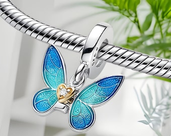 Schmetterlings-Charm, Schmetterlings-Anhänger, S925-Silber, handgefertigter Schmuck, blauer Schmetterlings-Charm, Charm für Mama, passend für Pandora-Armband