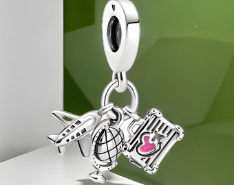 Reise-Charm, Urlaubs-Charm, Flugzeug-Charm, Globus-Charm, S925 Silber, handgefertigter Schmuck, Charm für Mama, passend für Pandora-Armband,