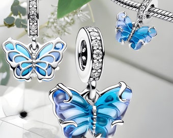 Murano Butterfly Charm, Butterfly Dangle Charm, S925 Silver, Handmade Jewellery, Blue Butterfly Charm, Charm for Mum, Fits Pandora Bracelet