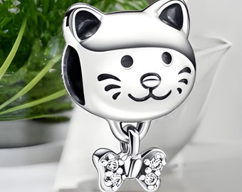 Katzen Anhänger, Katzen Liebhaber Charm, Echt 925 Silber, handgemachter Schmuck, Charm für Mama, passend für Pandora Armband, Tierliebhaber Charm