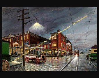 May include: A vintage painting depicting a street scene in Mount Pleasant, Tennessee. The scene features a streetcar, a horse-drawn carriage, and a delivery truck with a Coca-Cola sign. The buildings in the background are brick and have a variety of storefronts. The sky is overcast and the street is wet from rain.