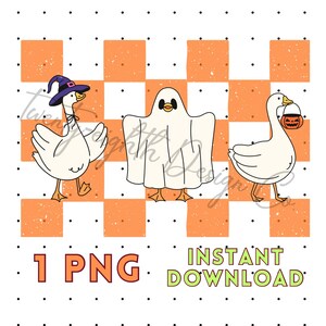 May include: A digital illustration featuring three cartoon geese in Halloween costumes. One goose wears a witch hat, another is dressed as a ghost, and the third carries a jack-o'-lantern bucket. The background is a checkered pattern of orange and white.