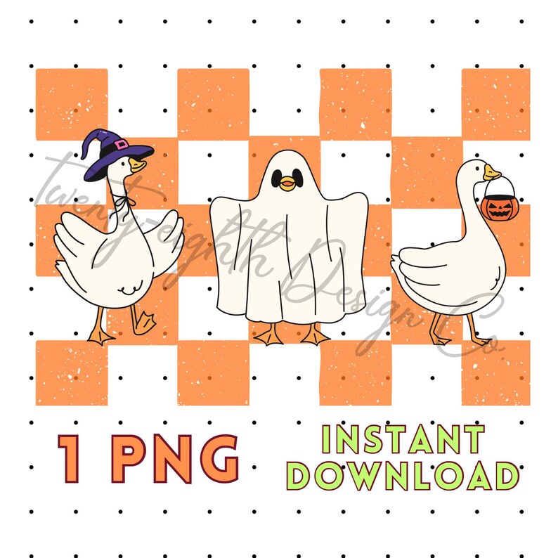 May include: A digital illustration featuring three cartoon geese in Halloween costumes. One goose wears a witch hat, another is dressed as a ghost, and the third carries a jack-o'-lantern bucket. The background is a checkered pattern of orange and white.
