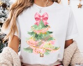 Colorful Christmas Tree PNG, watercolor Christmas tree Png, Coquette Pink Bow Faux glitter Gold Festive Ornament Christmas girl shirt png